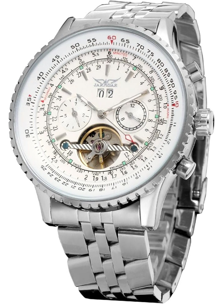 JARAGAR Men's Self Winding Waterproof Automatic Stainless Steel Skeleton Tourbillon Calendar Wrist Watch - Image 1